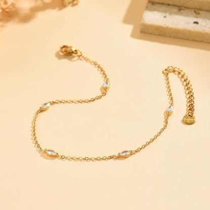Gold Anklets for Women 18K Gold Plated CZ Ankle Bracelet Dainty Droplet Bar Tennis Ankle Trendy Summer Waterproof Beach Foot Chain Jewelry - color: 5 CZ-Gold