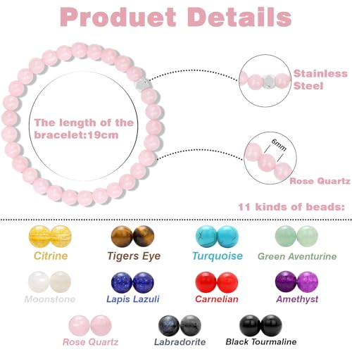Raicegs 4 6 8MM Beaded Bracelets Healing Crystal Bracelet for Women Men Natural Stone Handmade Stretch Bracelet Reiki Spiritual Jewelry - color: Rose Quartz, size: 6mm