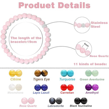 Raicegs 4 6 8MM Beaded Bracelets Healing Crystal Bracelet for Women Men Natural Stone Handmade Stretch Bracelet Reiki Spiritual Jewelry - color: Rose Quartz, size: 6mm