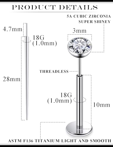 20G 18G 16G F136 Titanium Threadless Flat Back Earrings Nose Studs Tragus Forward Helix Conch Cartilage Lobe Earrings Medusa Labret Snake Bite Monroe Lip Ring Piercing Jewelry For Women Men - size: 18G-10MM Bar-CZ 3MM