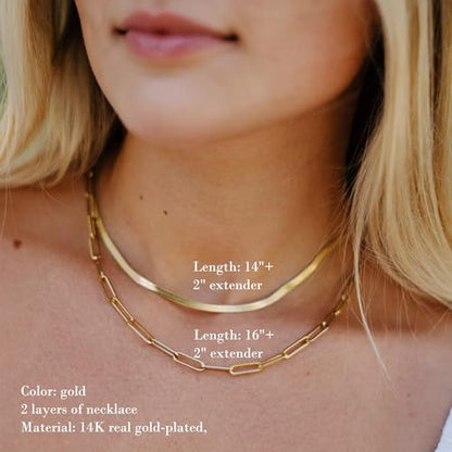 Layered Necklaces for Women - 14K Dainty Gold Plated Layering Chokers Necklaces Set Multilayer Delicate Necklace Trendy Adjustable Long Layered Necklaces for Women - style: 15 Paper Clip + Snack Chain