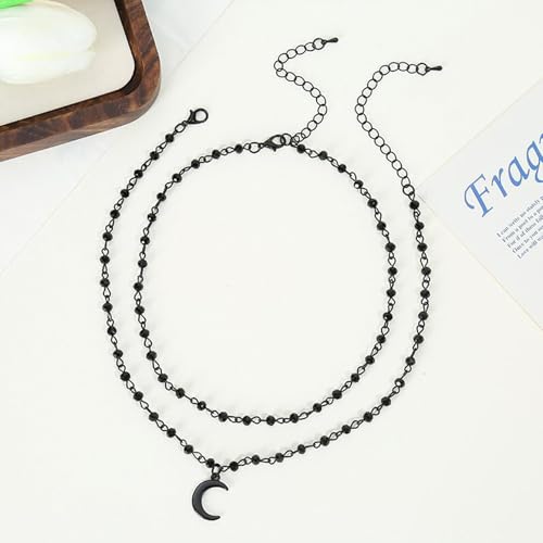 Slip Chain Necklace for Women Gothic Stainless Steel Bar Pendant Cuban Link Necklaces Adjustable Goth O Ring Long Necklaces Punk Rock Collar Choker Trendy Lariat Y Necklace - color: Moon