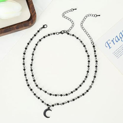 Slip Chain Necklace for Women Gothic Stainless Steel Bar Pendant Cuban Link Necklaces Adjustable Goth O Ring Long Necklaces Punk Rock Collar Choker Trendy Lariat Y Necklace - color: Moon