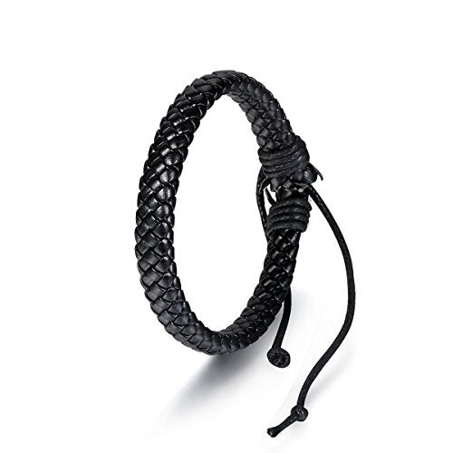 Flongo 2PCS Men's Womens Braided Black & Brown Leather Rope Woven Wrap Surfer Cuff Bracelets Set, Fit 7.6-10.6 inch Wrist