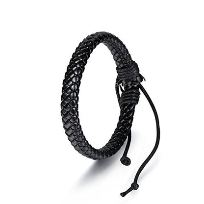 Flongo 2PCS Men's Womens Braided Black & Brown Leather Rope Woven Wrap Surfer Cuff Bracelets Set, Fit 7.6-10.6 inch Wrist
