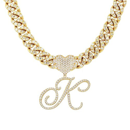 Initial Necklaces Silver Cuban Link Chain for Women Iced Out Chain with Heart Letter Pendants Custom Chain Name Necklace Hip Hop Jewelry Gift - color: K Gold
