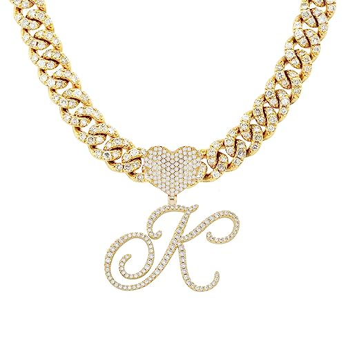Initial Necklaces Silver Cuban Link Chain for Women Iced Out Chain with Heart Letter Pendants Custom Chain Name Necklace Hip Hop Jewelry Gift - color: K Gold