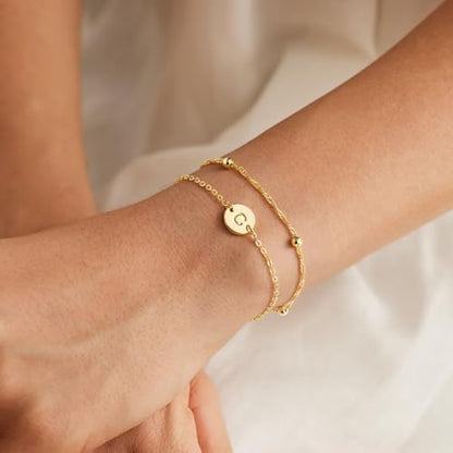 Turandoss Layered Initial Bracelets for Women Girls - Letter A-Z Bracelets | 14K-Gold-Plated Initial Bracelet, Adjustable Layered Bracelet, Bracelets for Teen Girls, Girl Gifts, Birthday Gifts for Women - color: L