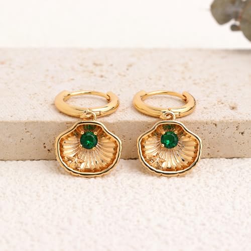Sonateomber Gold Silver Small Hoop Dangle Earrings for Women, Trendy Dainty Rhinestone CZ Dangling Prom Wedding Leaf Flower Snowflake Butterfly Starfish Fashion Jewelry Gift - color: Shell