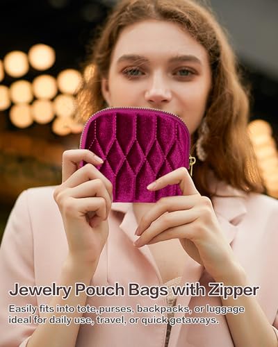 Travel Jewelry Case,Mini Travel Jewelry Bag with Zipper, 5-Layer Velvet Organizer Pouch for Bracelet Rings Earrings - Diamond Stitched Velvet Moss Green - color: MossGreen