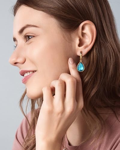 Crystals Teardrop Dangle Drop Earrings, 18K Gold Plated Hoop Earrings Zirconia Jewelry for Women Gifts - color: Blue-Long