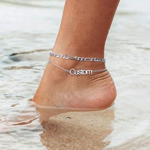ChainsHouse Double Layer Anklet Bracelet for Women,Adjustable Chain Anklets Stackable Dainty Anklets,Stainless Steel/Gold Plated/Black Ankle Jewelry Gifts - color: A-Silver-Figaro Chain