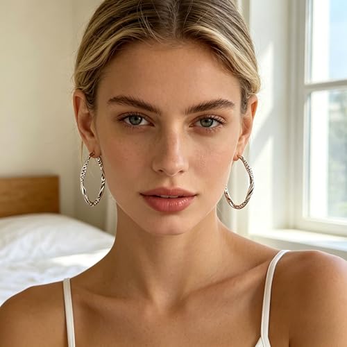 Women's Gold and Silver Twisted Hoop Earrings, 14K Gold Plated Textured Earrings, Hypoallergenic Lightweight Fashion Jewelry, Suitable for Daily Wear, Party, Wedding or as a Gift for Women - color: Silver