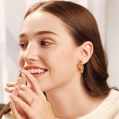 Trendy 14K Gold Plated Hoop Earrings for Women, Chunky Gold/Silver Earrings for Women Cubic Zirconia Baguette Hoop Earrings Heart Hoops Lightweight Hypoallergenic Jewelry,25mm/35mm/40mm/50mm - color: 01 Gold Orange Hoops 25mm
