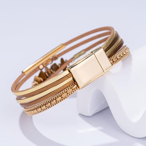 Boho Gemstone Beaded Leather Wrap Bracelets Stackable Chunky Cuff Bracelet Western Jewelry Cowboy Chic Country Concert Outfits for Women - color: Gold