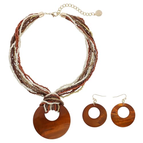 Coiris Multi Strand Statement Colorful Beaded Necklace with Big Circle Shell Pendant for Women - color: Dark Brown