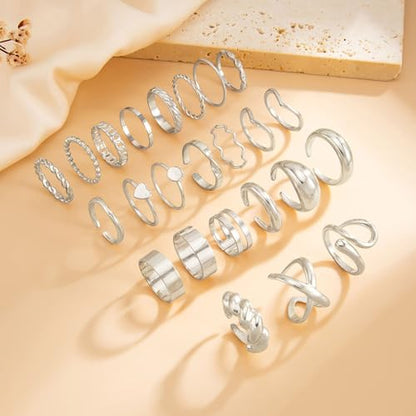 Gold Rings for Women Non Tarnish Stackable Rhinestone Moon Star Rings Dainty Stacking Pearl Butterfly Midi Pinky Thumb Joint Finger Knuckle Ring Set Gold Non Tarnish Jewelry Gifts Trendy Stuff - color: F Silver Stackable Rings 24Pcs