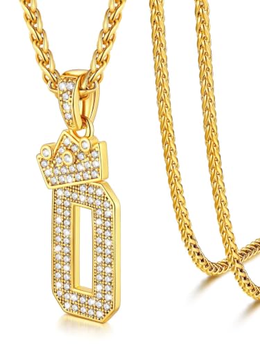 U7 Crown Initial Necklace Men Women, Bling Diamond A-Z 0-9 Letter Pendant with Wheat Chain, Silver/Black/Gold Plated CZ Alphabet Number Hip Hop Jersery for Father Husband - color: a. Gold, size: 27. 0