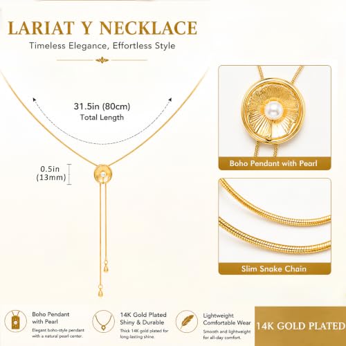 Lariat Necklace for Women 14K Gold Plated Dainty Gold Long Chain Pearl Y Necklace Boho Statement Jewelry for Wedding Prom