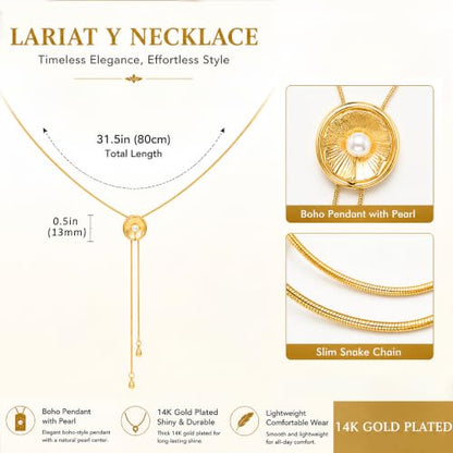 Lariat Necklace for Women 14K Gold Plated Dainty Gold Long Chain Pearl Y Necklace Boho Statement Jewelry for Wedding Prom