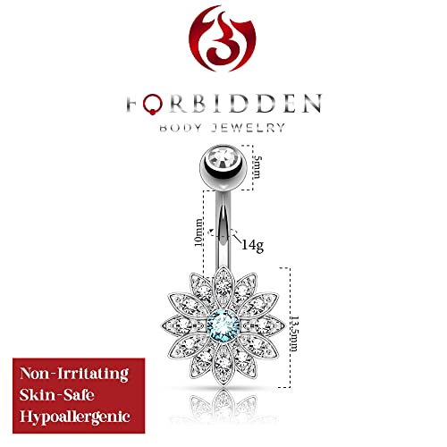 Forbidden Body Jewelry Surgical Steel Crystal Paved Petite Flower Belly Ring with Crystal Center - color: Silver Tone/Aqua
