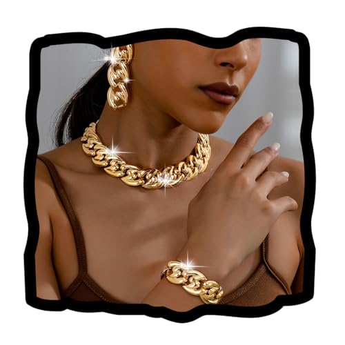 Gold Punk Necklace and Earrings Set African Statement Necklace Bracelet Set Vintage Chunky Choker for Women Hip Hop