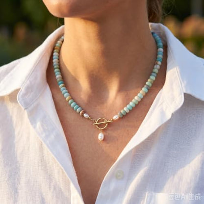 Beaded Gemstone Necklaces for Women, Bohemian Choker Natural Stone Bead Decoration Summer Beach Handmade Jewelry Necklace