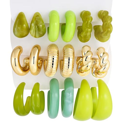 Chunky Gold Hoop Earrings for Women 9 Pairs, Fashion Resin Jewelry Gifts | Thick, Open, Twisted, Huggie, lightweight, 14K Gold-plated, Hypoallergenic, Great for Party/Gathering/Wedding/Work/Daily - color: Green