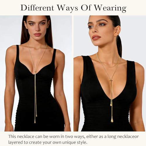 YUJIE Long Gold Y Necklace for Women - Adjustable Lariat Pendant Snake Chain, 14K Gold Plated Dainty Teardrop Necklace for Trendy & Formal Wear - color: golden