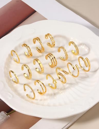 Giovanchi 16Pcs Toe Rings for Women - 14K Gold Filled Non Tarnish | Waterproof Adjustable, Gold Silver Toe Ring, Flower Cz Open Toe Rings Set Foot Jewelry Gifts - color: Gold