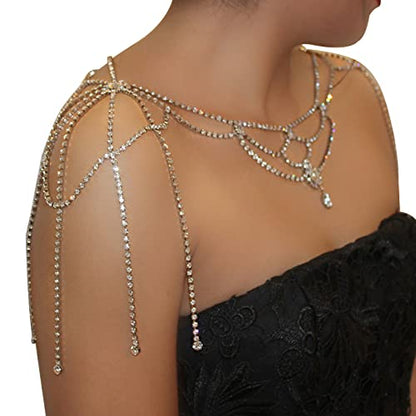 Rhinestone Tassel Wedding Backdrop Chain - Crystal Flower Shoulder Chain Necklace - Bridal Multi-Layered Body Chain Jewelry for Women - color: Shoulder Chain-silver