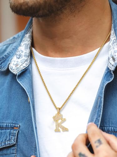 U7 Crown Initial Necklace Men Women, Bling Diamond A-Z 0-9 Letter Pendant with Wheat Chain, Silver/Black/Gold Plated CZ Alphabet Number Hip Hop Jersery for Father Husband - color: a. Gold, size: 11. K