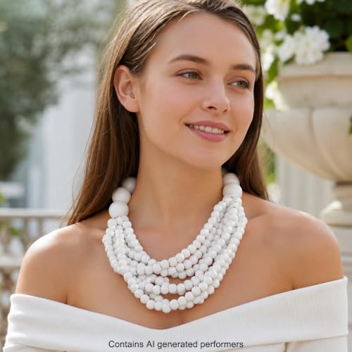 Handmade Layered Wood Bead Necklace for Women - Chunky African Statement Necklace, Natural Khaki Beaded Jewelry, Hypoallergenic & Skin-Safe for Sensitive Skin, Boho Rainbow Inspired Chunky Collar Necklace - color: White