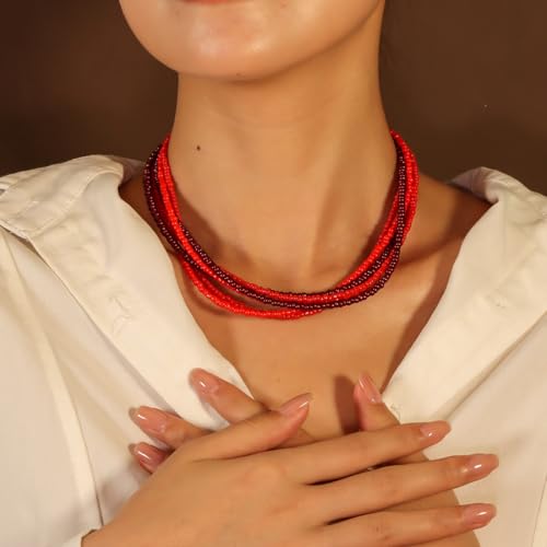 Colorful Multi-layered Seed Beaded Necklace Choker For Women Bohemian Handmade Crystal Stone Gemstone Hawaiian Necklace Holiday Birthday Summer Beach Jewelry Gift - color: Red