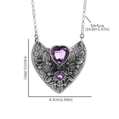 Love Amethyst Necklace Romantic Gift for Girlfriend Mom Valentine’s Day | Antique silver 3D leaf floral heart tag with double heart amethyst, skin-friendly alloy as romantic Valentine’s gift