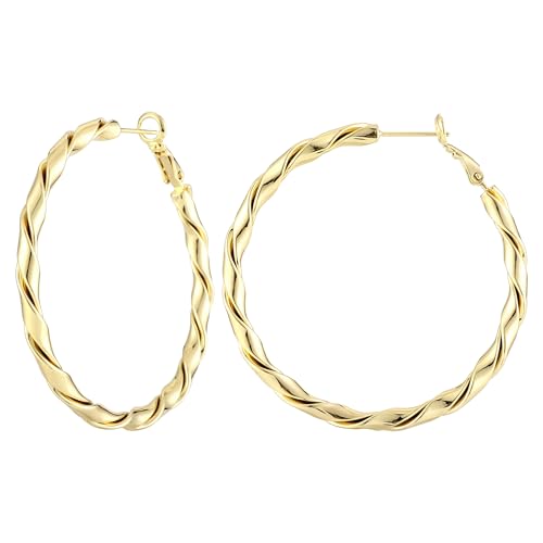 14k Gold Plated Hoop Earrings for Women, 925 Sterling Silver Posts Thick Twist Hypoallergenic Chunky Large Earrings 20mm 30mm 40mm 50mm - color: Yellow Gold, size: 50mm