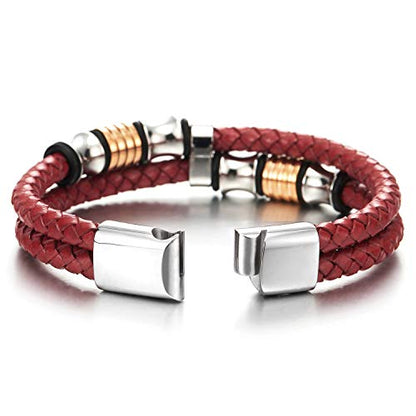 COOLSTEELANDBEYOND Mens Double-Row Braided Leather Bracelet Bangle Wristband with Black Stainless Steel Ornaments - color: D-Red Silver