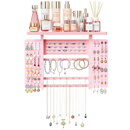 Emfogo Jewelry Organizer Hanging Wall Mounted Jewelry Holder, 5-in-1 Large Capacity Wood Necklace Organizer Wall Display for Ring, Necklaces, Bracelets, Earrings (Pink) - color: Pink