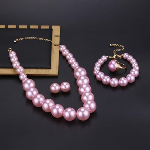 Prom Jewelry Set for Women Pearl Jewelry Sets Pearls Necklace Earrings Bracelet Ring Sets Faux Pearls Bridesmaid Bridal Wedding Prom Outfits Jewelry Sets - color: Pink
