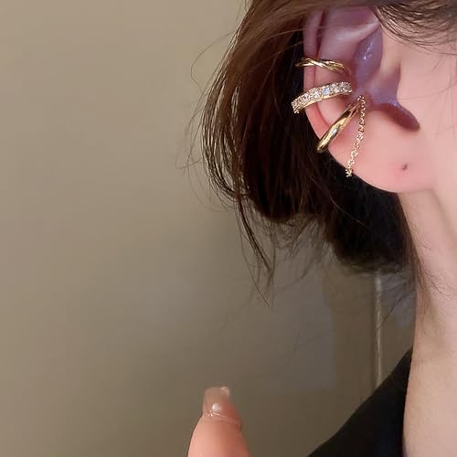 3Pcs Ear Cuffs Non Piercings for Women, Trendy Cubic Zirconia Gold Silver Clip On Cuff Earrings Set Jewelry Dainty Fake Cartilage Earring - color: Gold Chain