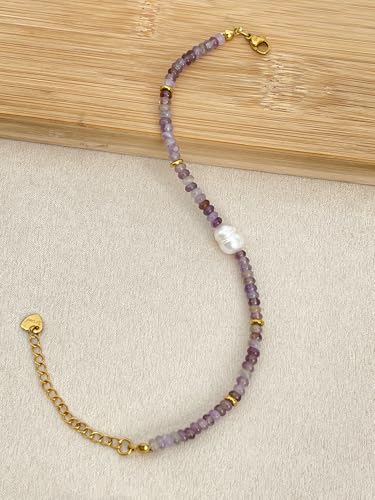 Gemstone Beaded Bracelets with Freshwater Pearl | Crystal Beaded Bracelet Boho Natural Stone Trendy Jewelry Gifts - color: Purple