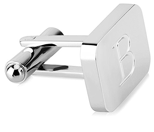 18K White-Gold Plated Initial Engraved Stainless Steel Men’s Cufflinks With Gift Box -Personalized Alphabet Letter’s A-Z By Lux & Pair - style: B- White Gold
