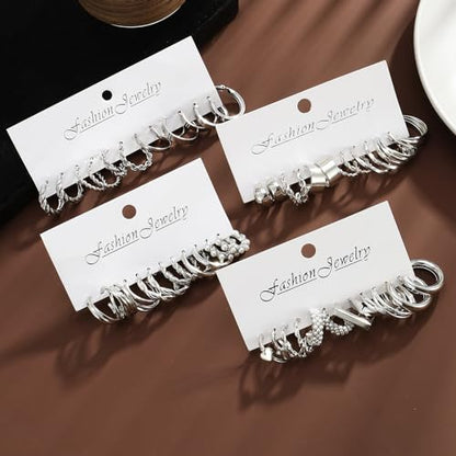 IFKM 24 Pairs Gold Hoop Earrings Set for Women Hypoallergenic Chunky Chain Twisted Open Hoops Dangle Earring Packs for Birthday Party Christmas Fashion Jewelry Gift - color: 24 Pairs Silver