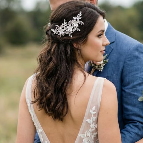 SWEETV Wedding Hair Clip for Brides Comb Bridal Hair Accessories Headpiece | Silver Handmade Flower Pearl Hair Comb Rhinestone Leaf Bridal Headpiece, Crystal Wedding Hair Pieces Brides Bridesmaids Women - color: Silver