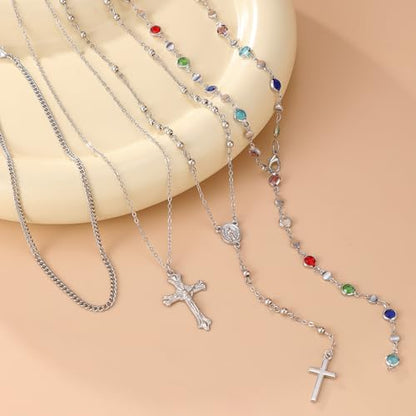 Layered Cross Necklace Set for Women, Layered Choker Necklaces Trendy Jewelry, Colorful Enamel Beaded Y-Shaped Lariat Necklace, Boho Multilayer Cross Necklace for Party and Daily Wear - color: Silver-02