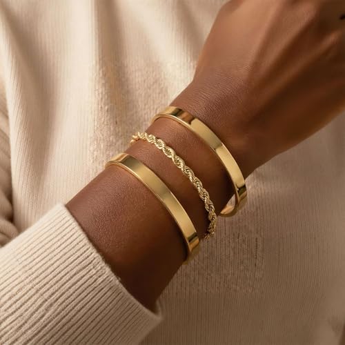 14K Gold Plated Stackable Bangle Bracelets for Women | Dainty Cuff Bracelets, Stackable for Women, Waterproof Bracelet Stack, Gold Jewelry Gifts Trendy Adjustable Accessories - color: 3-layer-B-Gold