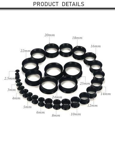 10G-25mm Thin & Thick Silicone Ear Gauges Tunnels Stretching Kit Double Flared Rubber Gauges Tunnels Plugs Flexible Soft Tunnels Earrings Gauge Kit for Women Men - color: Black 10G-25mm