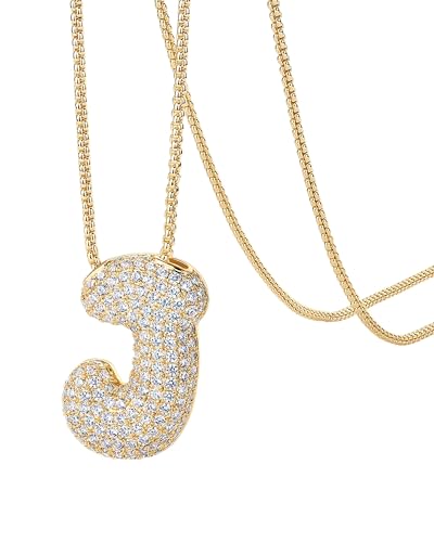 PAVOI 14K Gold Plated Cubic Zirconia Bubble Letter Initial Necklaces for Women | Gold Balloon Necklace Letter | Chunky Pendant Necklaces - style: -J