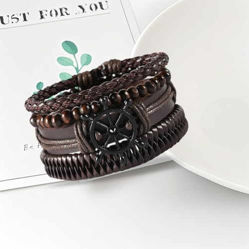 GORGECRAFT Handmade PU Leather Bracelets Flat Round Braided Cuff Bangle Multi Layers Wood Beads Wrap Bracelet - style: Brown Anchor Weave