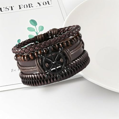 GORGECRAFT Handmade PU Leather Bracelets Flat Round Braided Cuff Bangle Multi Layers Wood Beads Wrap Bracelet - style: Brown Anchor Weave